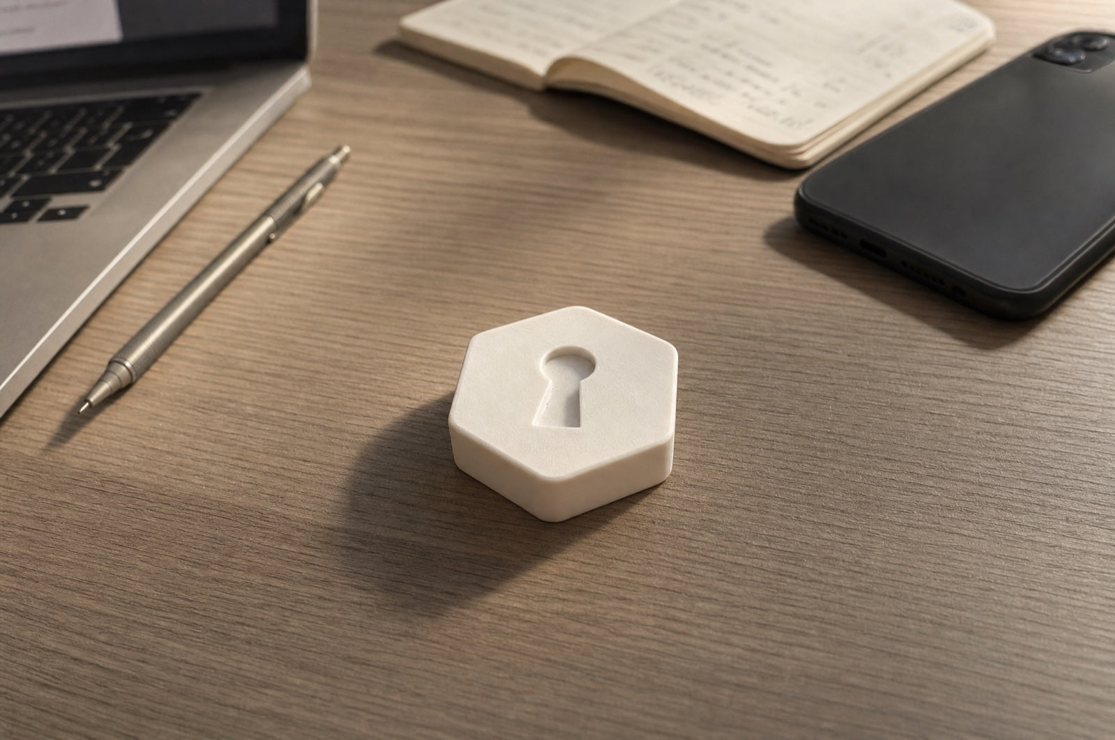 Key sobre un escritorio junto a un teléfono