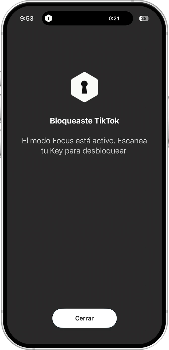 Pantalla de Key con TikTok bloqueado, que pide escanear la llave para desbloquear