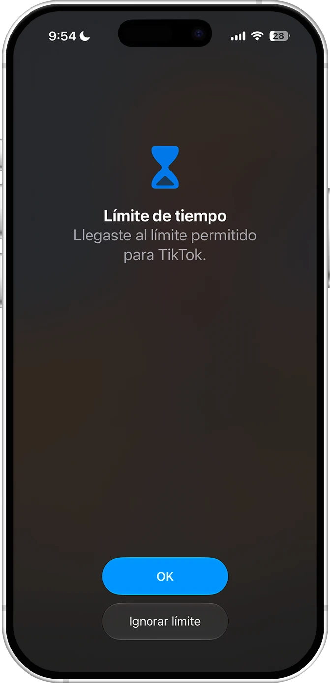 Pantalla de límite de tiempo del teléfono, con un botón para ignorar el límite